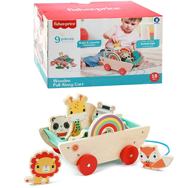 Jucarie de tras carucior din lemn cu sfoara cu 8 figurine animale Fisher-Price
