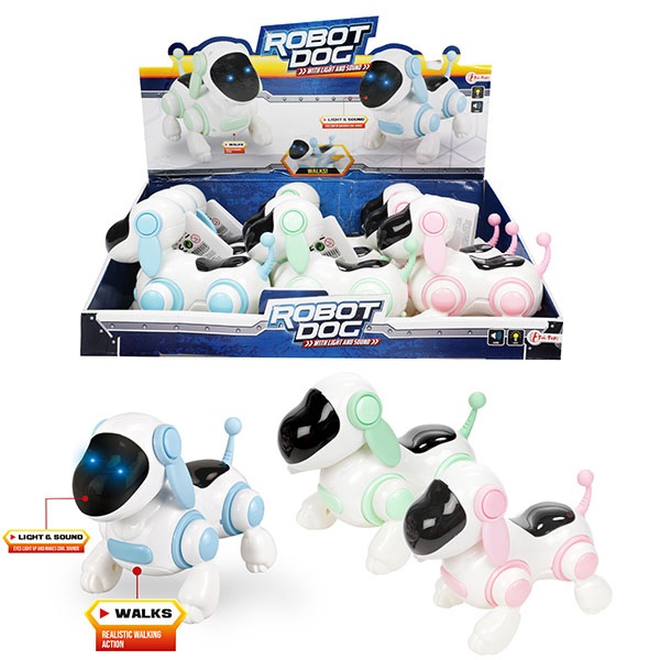 Jucarie caine robot care merge cu sunete si lumini verde/albastru/roz