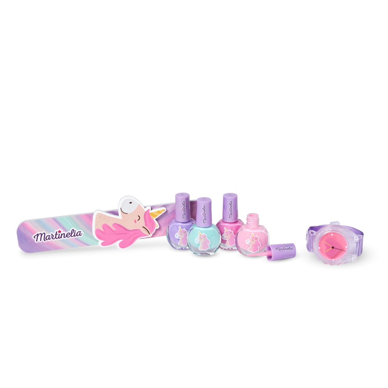 Set balsam de buze, ceas si 4 lacuri de unghii Little Unicorn Martinelia 11937, 17 ml