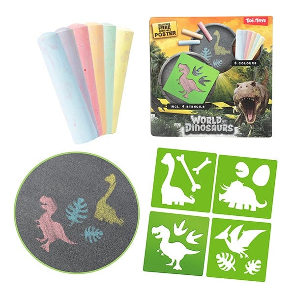 Set Deseneaza cu creta Dinozauri cu 6 buc. creta color si 4 sabloane