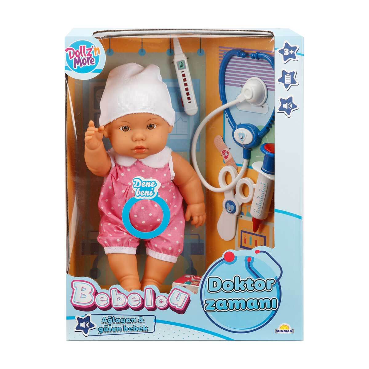 Papusa bebelus 35 cm Bebelou, Dollz n More, @ the Doctor's, cu sunete si accesorii, 2 tipuri roz/albastru