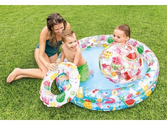 Piscina gonflabila pentru copii 122x25cm "Fructe" cu minge si cerc, 150l, de la 2 ani, INTEX