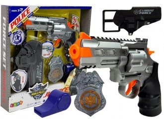 Set Politie cu sunete si lumini, pistol 20 cm, insigna, fluier, toc