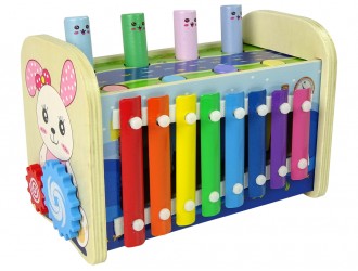 Деревянная игрушка 4 в 1 с ксилофоном, молотком и часами