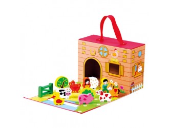 Set de joaca din lemn, Animale Ferma, in cutie de calatorie