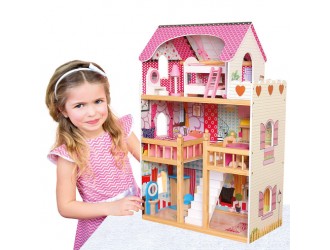Casuta de papusi din lemn etajata cu mobilier - 17 accesorii, 60x90x30 cm