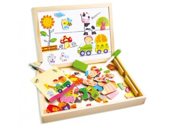 Set din lemn Ferma, 2 in 1, cu tabla magnetica, creta, markere, 102 piese