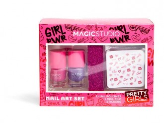 Set produse pentru unghii 2 lacuri, pila si autocolante Pretty Girls Nails Art Magic Studio