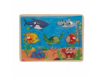 Puzzle din lemn cu buton Animale Marine, 7 el, Woody