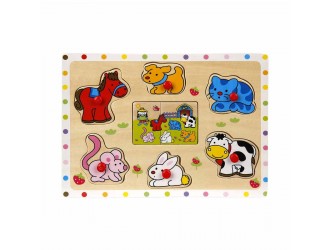 Puzzle din lemn cu buton Animale 22 x 2 x 16,5 cm, diverse tipuri Woody