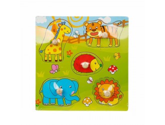 Puzzle din lemn Animale, cu buton 5 el. 22 x 2 x 22 cm diverse tipuri  Woody