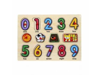 Puzzle din lemn cu buton Numere-Forme engleza 14 el.  29,5 x 1 x 22 cm Woody