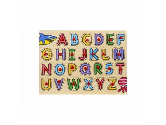Puzzle din lemn cu buton Litere Alfabet englez 26 el. 29,5 x 1 x 22 cm Woody