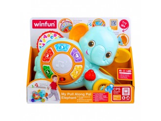 Jucarie interactiva si educativa Elefant cu sfoara de tras, sunete si lumini, engleza, Winfun