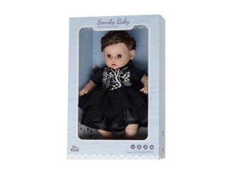 Papusa cu corp moale si 6 sunete 35 cm bruneta cu rochie neagra, ZJA329540