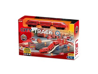 Set de joaca Cale ferata rosie cu tren electric, elemente fosforescente, accesorii si acumulator, ZJA361476