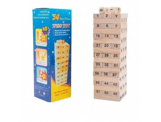 Joc Jenga din lemn cu 54 piese numerotate si zaruri