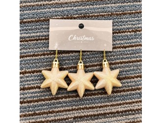 Set 3 decoratiuni de Craciun in forma de stea, auriu-sampanie 4.5x5cm
