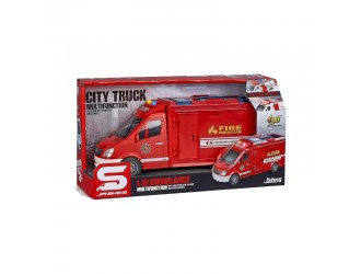 Microbuz rosu ambulanta cu frictiune si usi care se deschid, sunete si lumini, 1:16, JSTOYS, ZJA329911