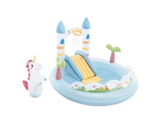 Надувной игровой центр Intex "Замок Единорога" (Unicorn Castle) с горкой, фонтаном и игрушкой, 196x178x127 cm, 234 L, max. 54 kg, 2+, код 56148