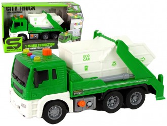 Camion de gunoi verde cu buton presiune, frictiune, sunete si lumini, JSTOYS, ZJA278626