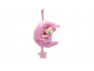 901652R Jucarie muzicala suspendata pentru carucior si patut, Ursulet pe Luna Roz, 23 cm