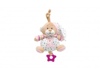 902306R Jucarie muzicala de plus pentru bebelusi Unikatoy Baby Friends Ursulet ROZ, 16 cm, cu snur de tras