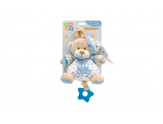 902306A Jucarie muzicala de plus pentru bebelusi Unikatoy Baby Friends Ursulet ALBASTRU, 16 cm, cu snur de tras