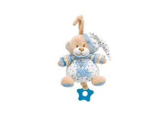 902306A Jucarie muzicala de plus pentru bebelusi Unikatoy Baby Friends Ursulet ALBASTRU, 16 cm, cu snur de tras