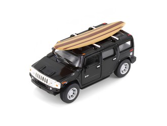 KT5097WS1-NEGRU Macheta auto metalica 2005 Hummer H2 SUT cu placa de surf Kinsmart KT5097WS1, scara 1:40, cu usi care se deschid, Negru