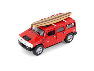 Macheta auto metalica 2005 Hummer H2 SUT cu placa de surf Kinsmart KT5097WS1, scara 1:40, cu usi care se deschid, Rosu