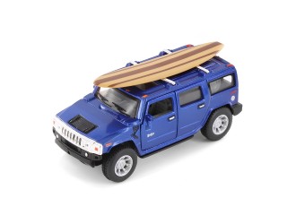 Macheta auto metalica 2005 Hummer H2 SUT cu placa de surf Kinsmart KT5097WS1, scara 1:40, cu usi care se deschid, Albastru