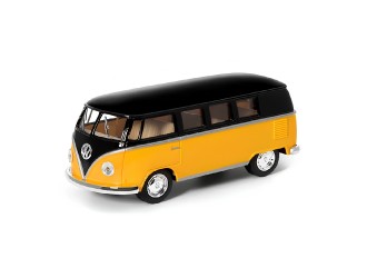 KT5376W-GALBEN Macheta auto metalica 1962 Volkswagen Classical Bus (Black Top) Kinsmart KT5376W, scara 1:32, cu usi care se deschid, Galben