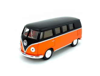 Macheta auto metalica 1962 Volkswagen Classical Bus (Black Top) Kinsmart KT5376W, scara 1:32, cu usi care se deschid, Portocaliu
