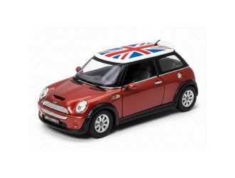 Macheta auto metalica Mini Cooper S cu steagul Marii Britanii Kinsmart KT5059WFB, scara 1:28, cu usi care se deschid, Rosu