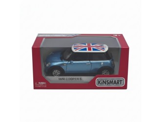 Металлическая модель автомобиля Mini Cooper S с флагом Великобритании Kinsmart KT5059WFB, масштаб 1:28, с открывающимися дверями, синий