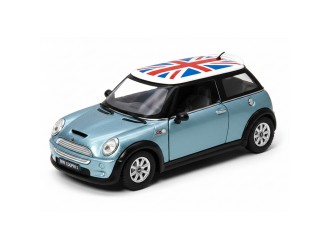 Металлическая модель автомобиля Mini Cooper S с флагом Великобритании Kinsmart KT5059WFB, масштаб 1:28, с открывающимися дверями, синий