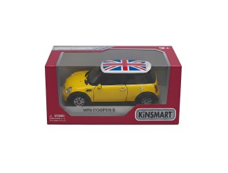 Macheta auto metalica Mini Cooper S cu steagul Marii Britanii Kinsmart KT5059WFB, scara 1:28, cu usi care se deschid, Galben