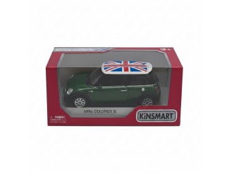 Macheta auto metalica Mini Cooper S cu steagul Marii Britanii Kinsmart KT5059WFB, scara 1:28, cu usi care se deschid, Verde