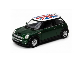 Macheta auto metalica Mini Cooper S cu steagul Marii Britanii Kinsmart KT5059WFB, scara 1:28, cu usi care se deschid, Verde