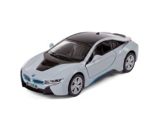 Macheta auto metalica BMW i8 Kinsmart KT5379W, scara 1:38, cu usi care se deschid, Gri deschis