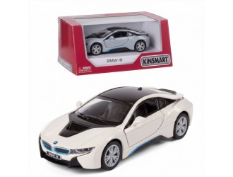Macheta auto metalica BMW i8 Kinsmart KT5379W, scara 1:38, cu usi care se deschid, Alb