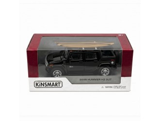 Macheta auto metalica 2005 Hummer H2 SUT cu placa de surf Kinsmart KT5097WS1, scara 1:40, cu usi care se deschid, Negru