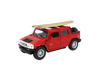 Macheta auto metalica 2005 Hummer H2 SUT cu placa de surf Kinsmart KT5097WS1, scara 1:40, cu usi care se deschid, Rosu