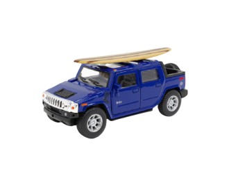 Macheta auto metalica 2005 Hummer H2 SUT cu placa de surf Kinsmart KT5097WS1, scara 1:40, cu usi care se deschid, Albastru