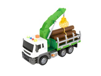 Camion de jucarie pentru transport lemne JSTOYS JS117, 1:16, cu frictiune, buton de presiune, lumini si sunete
