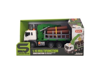 Camion de jucarie pentru transport lemne JSTOYS JS117, 1:16, cu frictiune, buton de presiune, lumini si sunete