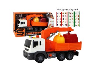 Camion de gunoi sortator portocaliu JSTOYS JS115A, 1:16, cu frictiune, buton de presiune, lumini si sunete
