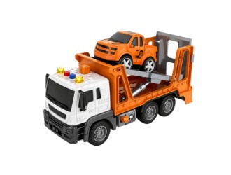 Camion de tractare portocaliu cu masina JSTOYS JS114, 1:16, cu frictiune, buton de presiune, lumini si sunete