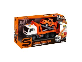 Camion de tractare portocaliu cu masina JSTOYS JS114, 1:16, cu frictiune, buton de presiune, lumini si sunete